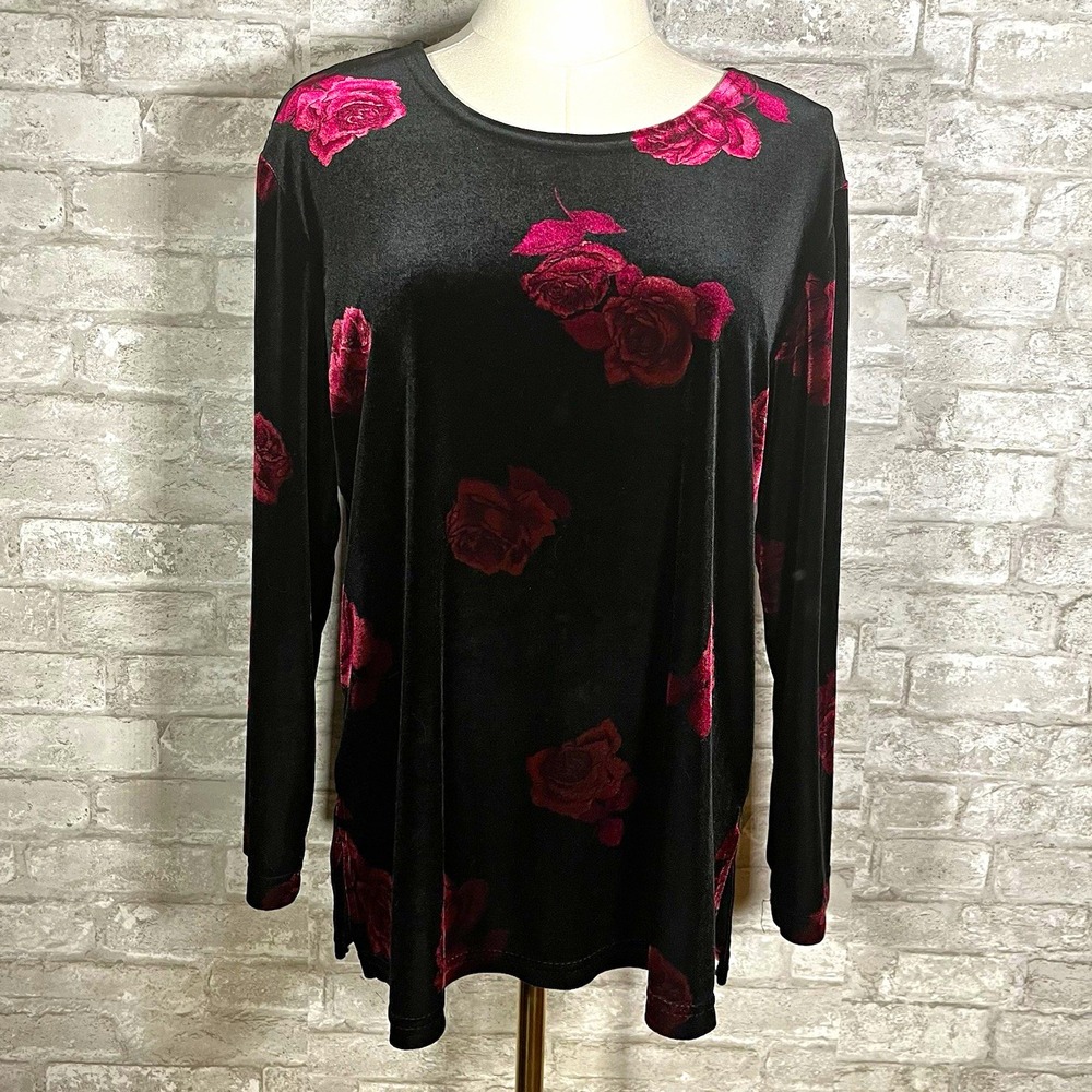 Vintage 90s Notations Velvet Top Black Rose Floral Long Sleeve sz Large petite